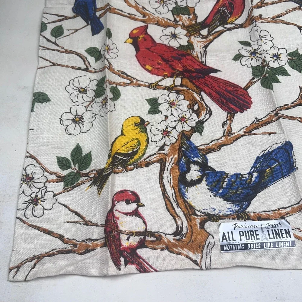 Parisian Prints Pure Linen Tea Towel Vintage Bird Songbird Floral Made in USA